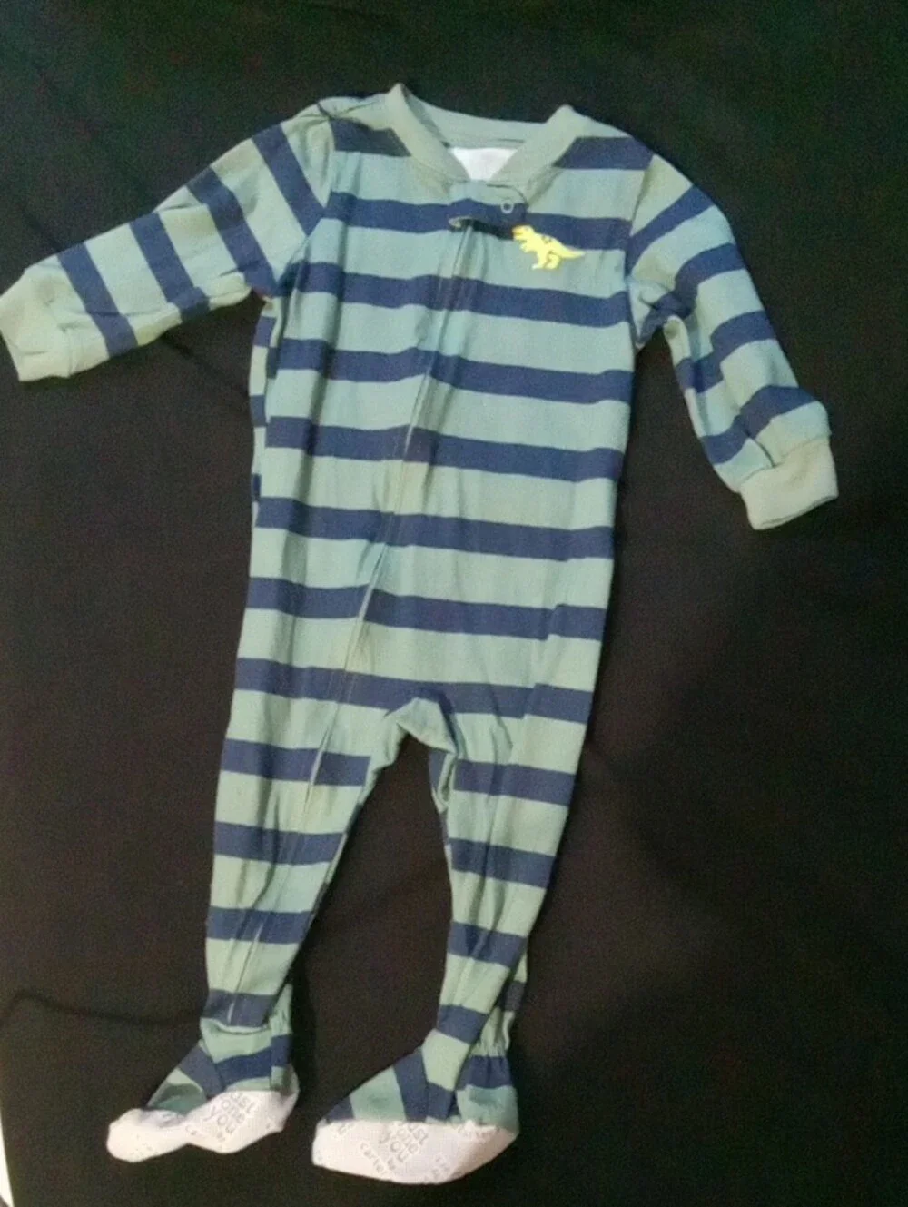 Carter's Navy & Sage Striped and Dino Footed One-Pieces